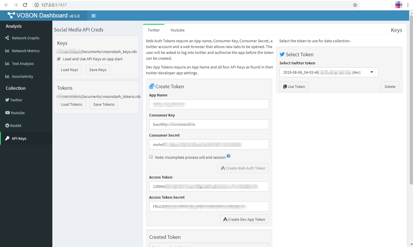 VOSONDash Keys and Tokens
Interface