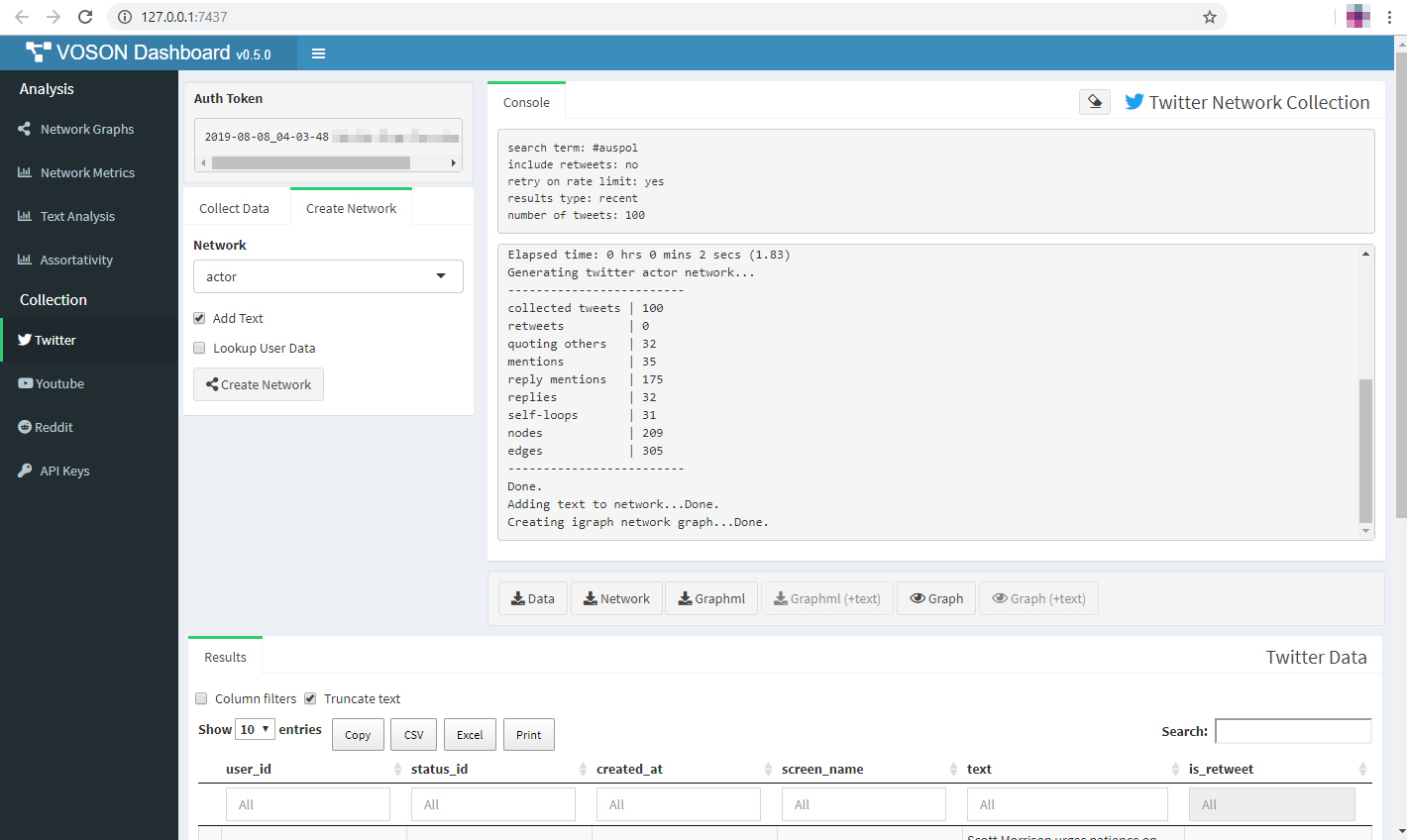 VOSONDash Twitter Network
Creation