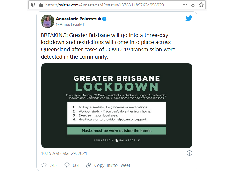 Figure 1: Public announcement tweet regarding a COVID-19 lockdown of Brisbane, from the Queensland Premier. Embedded tweet sourced from Twitter.
