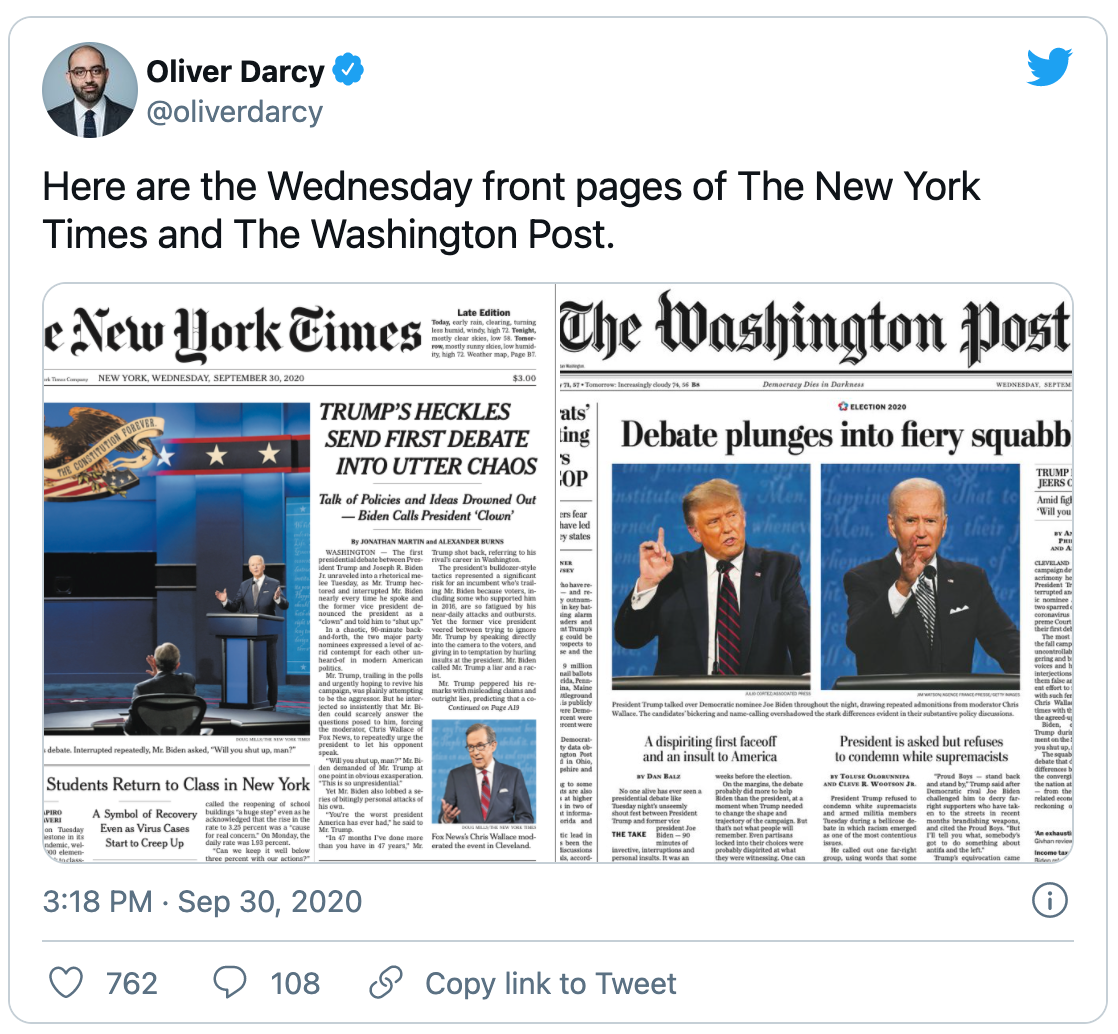 Figure 1: Next day headlines, tweet from https://twitter.com/oliverdarcy. Embedded tweet sourced from Twitter.